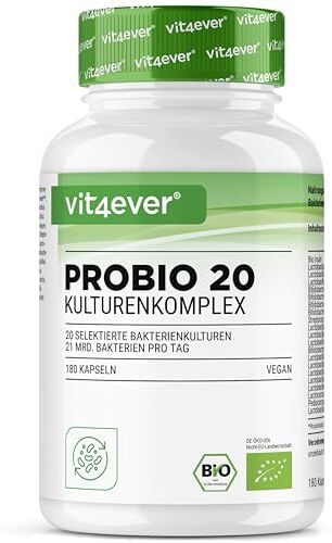 Vit4ever Probio 20 Complesso di culture con 20 ceppi batterici + inulina organica 180 capsule rivestite con enterica Bright JC Caps® 21 miliardi di batteri lattici per dose giornaliera Vegan