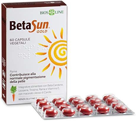 Bios Line Beta Sun Gold, 60 Capsule vegetali di Integratore alimentare di Beta Carotene, Contribuisce alla normale pigmentazione della pelle, Senza glutine e senza lattosio