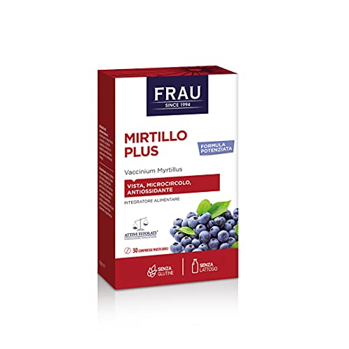 FRAU Mirtillo Plus, Integratore Microcircolo A Base Di Estratto Secco Di Mirtillo Nero, 30 Compresse Masticabili, Gambe Pesanti E Benessere Della Vista, Senza Glutine, color Bianco