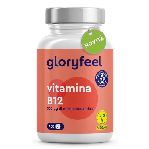 Gloryfeel Vitamina B12 con Metilcobalamina, 400 Compresse, 6+ mesi di Scorta, 500µg per Compressa, Riduce la Stanchezza e Fatica, supporta il Sistema Nervoso, senza Additivi, Vegan