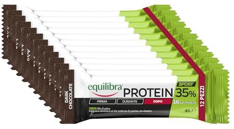 Equilibra Integratori Alimentari, Barretta Protein 35%, ad Alto Contenuto di Proteine, con Vitamine, Gusto Dark Chocolate, Contribuisce al Mantenimento della Massa Muscolare, 12 Barrette da 45g