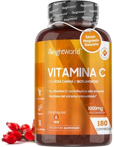 WeightWorld Vitamina C 1000mg con Rosa Canina in Polvere e Bioflavonoidi, Senza Magnesio Stearato, 180 Compresse Vegan, Vitamina C Pura Contribuisce al Funzionamento del Sistema Immunitario, Acido Ascorbico Puro