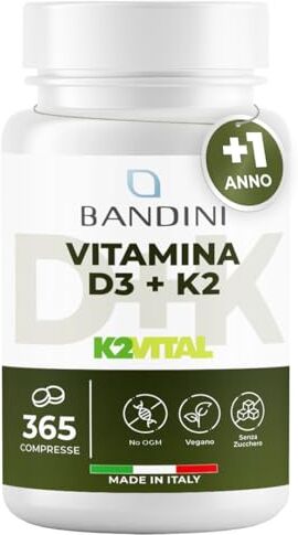 BANDINI ® Vitamina D3 K2   365 COMPRESSE (12 Mesi)   Vitamina D3 2000 UI + 200 mcg Vitamina K2   K2 MK-7 99% All Trans (K2VITAL®)   Per Ossa, Denti, Muscoli, Articolazioni & Sistema Immunitario   Vegan