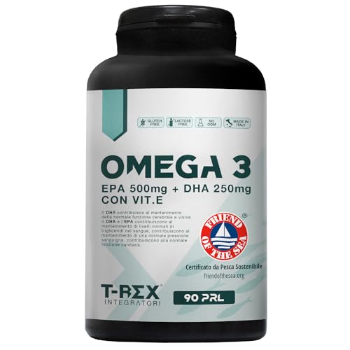 Rex Omega 3 Olio di Pesce FOS 1000 mg 90 capsule softgel ad Alto Dosaggio EPA 500 mg DHA 250 mg Integratore Colesterolo, Pressione alta, Cuore Certificato pesca sostenibile FOS