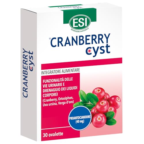 ESI Cranberry Cyst, Integratore Alimentare con Uva Ursina, Utile per la Funzionalità delle Vie Urinarie e il Drenaggio dei Liquidi Corporei, Senza Glutine e Vegano, 30 Ovalette