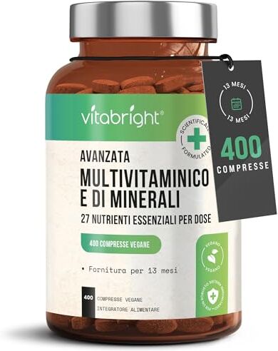 VitaBright Multivitaminico e Minerali, 400 Capsule Vegane, Fornitura per 13 mesi, 27 Vitamine Essenziali, Adatto Keto, Immunità, stanchezza, capelli, pelle,