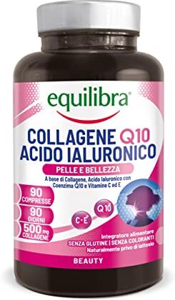 Equilibra Integratori Alimentari, Collagene Q10 Acido Ialuronico, Benessere e Bellezza della Pelle, a Base di Collagene Idrolizzato, Acido Ialuronico, Coenzima Q10, Vitamine C ed E, 90 Compresse