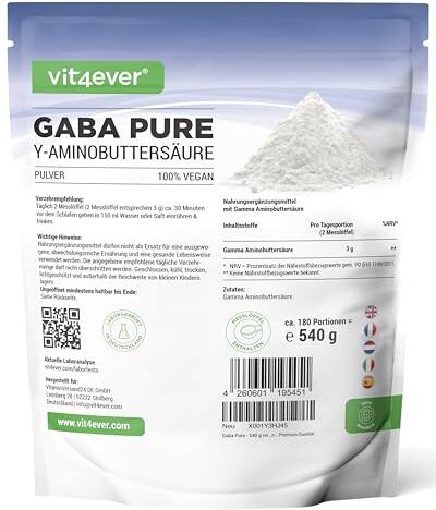 Vit4ever Gaba Pure 540 g di polvere pura senza additivi Testato in laboratorio 100% acido gamma-aminobutirrico 180 dosi Vegan