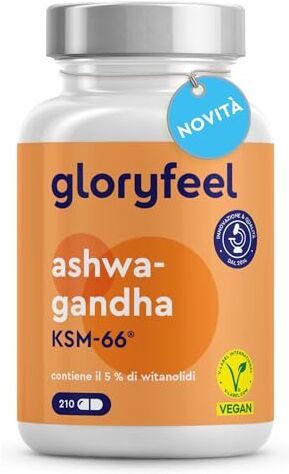 Gloryfeel Ashwagandha KSM-66®, 210 capsule, alto dosaggio con 600 mg di estratto di ashwagandha-KSM di cui 30 mg di witanolidi, qualità biologica e 100% vegan, senza additivi