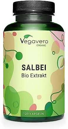 Vegavero SALVIA OFFICINALIS BIO ®   500 mg   con 1% di Acido Rosmarinico   per VAMPATE e SUDORAZIONE   120 capsule   Vegan