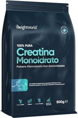 WeightWorld Creatina Monoidrata Micronizzata 500g Vegan 165 Dosi da 3g di Creatina Monoidrato (Fattore di Maglia 200) Integratore Pre Workout, Intra, Post Workout Creatina in Polvere Pura Non Aromatizzata