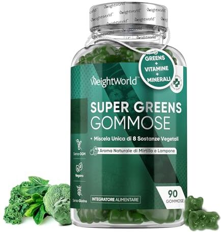 WeightWorld Super Greens, 90 Gommose Vegan, Multivitaminico ad Alto Dosaggio, Vitamina B Complex, Zinco, 8 Superfood Green, Moringa, Clorella, Spinaci Erba d'Orzo, Vitamine Gommose al Gusto di Mirtillo e Lampone