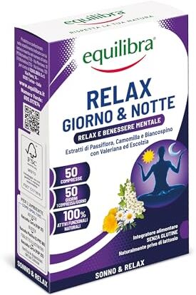 Equilibra Integratori Alimentari, Relax Giorno E Notte, Integratore A Base Di Estratti Vegetali Per Contribuire Al Rilassamento, Con Passiflora, Camomilla E Valeriana, 50 Compresse