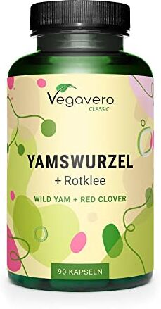 Vegavero Igname Selvatico + Trifoglio Rosso ®   1200 mg di estratto di Igname   240 mg Diosgenina (20%)   Dioscorea Villosa e Trifolium Pratense per Menopausa e Vampate   90 capsule   Vegan