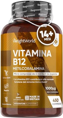 WeightWorld Vitamina B12 1000mcg ad Alto Dosaggio, 450 Micro Compresse di B12 Vitamina (14+ Mesi), Metilcobalamina B12 Vegana, 1 Compressa al Giorno, Vitamina B 12 Contribuisce al Normale Metabolismo Energetico