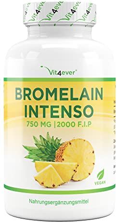 Vit4ever Bromelina Intenso 750 mg (2000 F.I.P) 120 capsule rivestite con enterici Estratto naturale di ananas Testato in laboratorio Vegano Altamente dosato