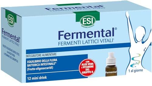 ESI Fermental Max, Integratore Alimentare con Fermenti Lattici Vitali e Aloe Vera, Favorisce l'Equilibrio della Flora Intestinale, Gusto Yogurt, Senza Glutine e Vegan, 12 Mini Drink