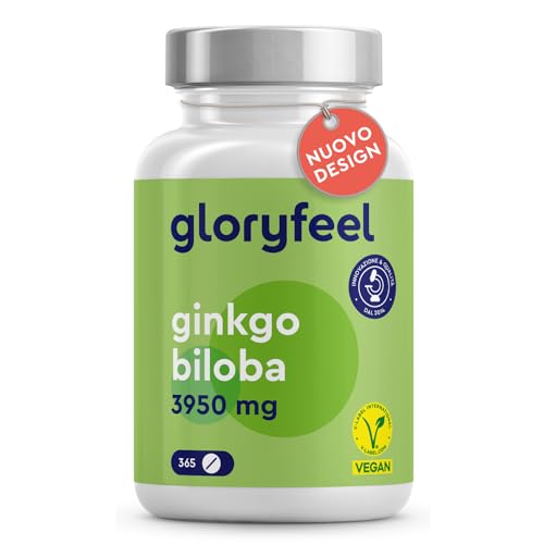 Gloryfeel Ginkgo Biloba 3950 mg Estratto 50:1, 365 Compresse, Ginko Biloba con 24% Flavonoglicosidi + 6% Terpenlattoni, Ginkgo Biloba Integratore per Circolazione, Concentrazione e Memoria, 100% Vegan