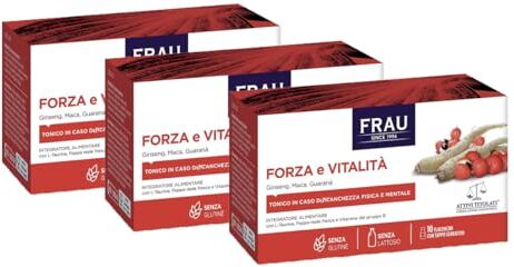 FRAU Forza E Vitalita’, Integratore Energia A Base Di Estratti Vegetali, 3 confezioni X 10 Flaconcini Con Tappo Serbatoio, Integratore Stanchezza Fisica E Mentale, Senza Glutine E Lattosio, Bianco