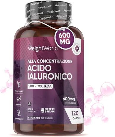 WeightWorld Acido Ialuronico Integratore Vegan 600mg con 500-700 kDa, 120 Capsule Hyaluronic Acid per 4 Mesi, Sodio Ialuronato, 1 Capsula al Giorno, Acido Ialuronico Puro Alternativa a Acido Ialuronico Compresse