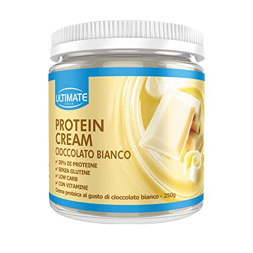 ULTIMATE ITALIA Crema proteica al 30% spalmabile, senza zuccheri 250g gusto cioccolato bianco poche calorie, senza glutine, con vitamine