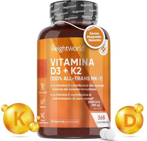 WeightWorld Vitamina D3 2000 UI + Vitamina K2 MK7 200μg, 365 Compresse Vegan (1 Anno) Senza Magnesio Stearato, Vitamina D3 + Vitamina K2 100% All-Trans Biodisponibile, Sistema Immunitario, Ossa, Denti, Muscoli