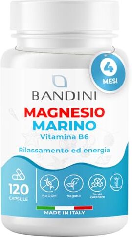 BANDINI ® Magnesio Marino e Vitamina B6 Combatte efficacemente Stanchezza, Stress e Dolori 120 Capsule di Origine Vegetale (Trattamento di 4 Mesi) Migliora Sonno, Sistema Nervoso e Muscolare