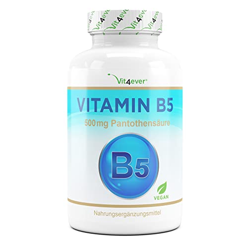 Vit4ever Vitamina B5 con 500 mg 180 Capsule Acido pantotenico puro Altamente dosato Vegan Vitamina B per la pelle e i nervi Senza additivi indesiderati