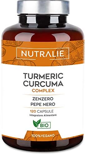 NUTRALIE Curcuma e Piperina Plus 1420mg Pepe Nero + Curcumina + Zenzero Antinfiammatorio Naturale BIO Integratore Turmeric Antiossidante Naturale 120 Curcuma Capsule Vegane