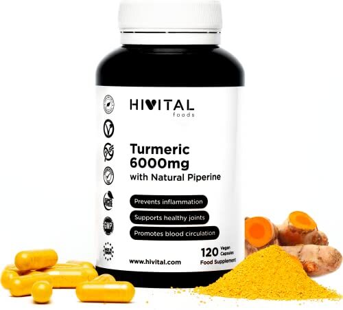 HIVITAL foods Curcuma 6000mg   120 capsule vegane   Estratto con 285mg di Curcumina e Piperina   Più biodisponibile della polvere di Curcuma   Antiossidante naturale per la salute cardiovascolare e le articolazioni