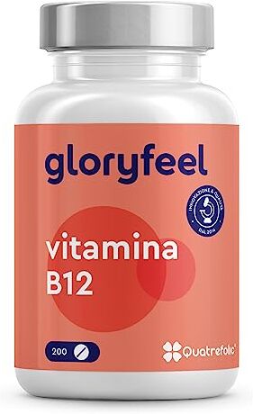 Gloryfeel Vitamina B12, Qualità Premium con Quatrefolic®, 200 Compresse, 1000µg, Integratore Vitamina B12 Vegan con Acido Folico, Con 2 Forme Bioattive di Vitamine B12 Idrossocobalamina + Folato