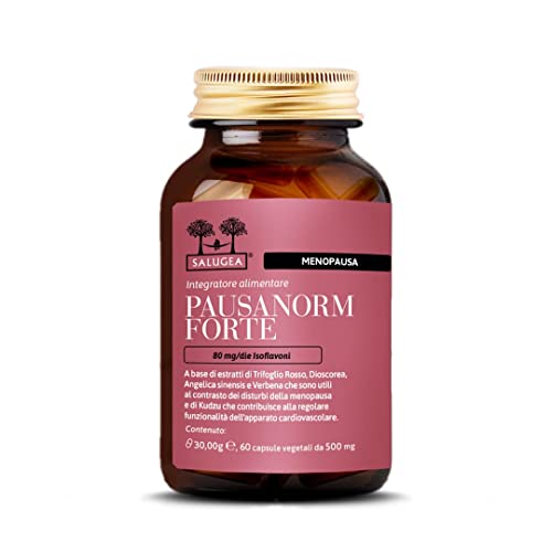 Salugea Pausanorm Forte  Integratore per la Menopausa senza Soia 100% Naturale con Trifoglio Rosso, Kudzu, Dioscorea, Verbena Flacone In Vetro 60 Capsule