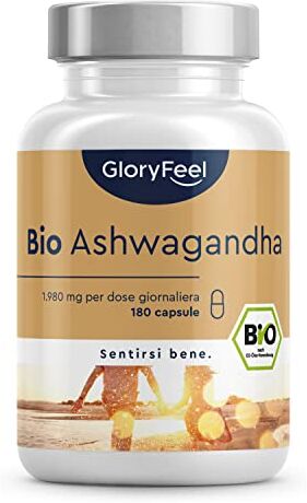 Gloryfeel Ashwagandha Bio, 180 Capsule, Alto Dosaggio 1980mg, Polvere di Ashwagandha, Withania Somnifera Adattogeno Naturale, Rimedio Ayurvedico per Stress & Mente, Testato in Laboratorio