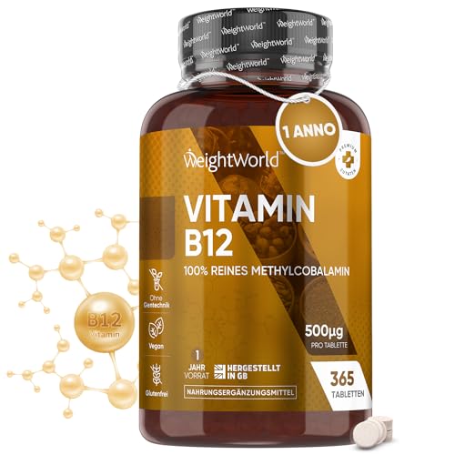 WeightWorld Vitamina B12 Vegana, 365 Compresse di Vit B12 (1 Anno), Vitamina B come Metilcobalamina Altamente Biodisponibile, Vitamina B 12 per Normale Metabolismo Energetico, Integratore Vitamina B 12 Senza OGM