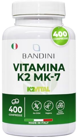 BANDINI ® Vitamina K2 MK7 200µg   400 Compresse   Menachinone ad Alto Dosaggio   Vit K 2 MK-7 K2Vital® 200 mcg   Contribuisce al Mantenimento di Ossa Normali   100% Vegan   Senza OGM   Qualità Italiana