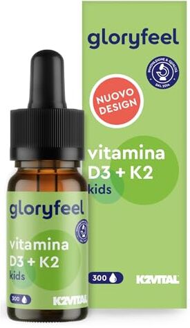 Gloryfeel Vitamina D3 K2 Gocce, Integratore 500 U.I. vegetale da Licheni + 25µg Vitamina K, 10 ml (10 Mesi), Vitamin D Vegan +K2, Vitamine per Bambini a partire da 4 Anni