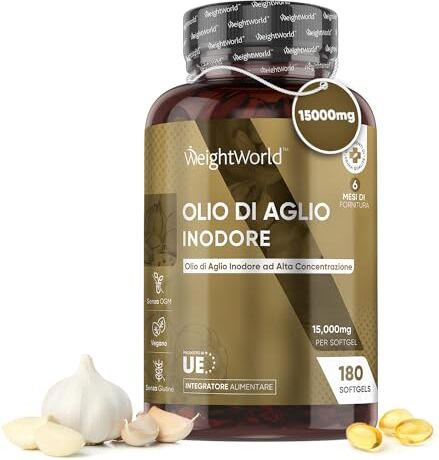 WeightWorld Aglio Capsule Softgel Vegane e Inodori da 15000mg (Estratto di Aglio 500:1) 180 Capsule di Aglio (6 Mesi) Aglio Capsule Alto Dosaggio, Aglio Integratore da Allium Sativum Fonte di Allicina e Minerali