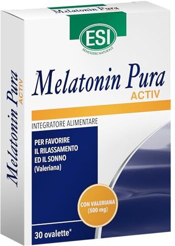 ESI Melatonin Pura Activ, Integratore Alimentare in Ovalette a base di Melatonina e Valeriana, Favorisce il Sonno e Contrasta lo Stress, Senza Glutine e Vegan, 30 Ovalette