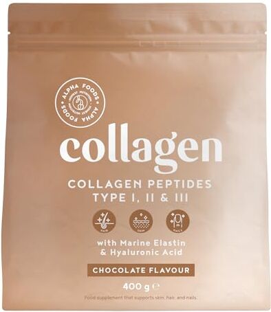 Alpha Collagene Acido Ialuronico con Elastina Marina Collagene idrolizzato puro – Cioccolato – Collagene da Bere 400g, Collagene in Polvere Integratore Articolazioni, Pelle e Capelli