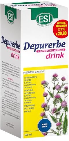 ESI Depurerbe Drink, Integratore Alimentare a Base di Cardo Mariano, Tarassaco e Carciofo, Aiuta l'Organismo a Eliminare le Tossine Accumulate, Gusto Arancia Rossa, Senza Glutine e Vegano, 500 ml