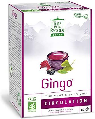 THES DE LA PAGODE Thés de la pagode Tè Gingo biologico Tè verde con Ginkgo Biloba Scatola da 60 bustine di tè Formula rinforzata e brevettata Favorisce la buona circolazione, riduce l'effetto gambe pesanti