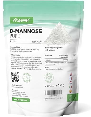 Vit4ever D-Mannosio in polvere 250 g (4,1 mesi di fornitura) Da fermentazione vegetale Puro e naturale Senza additivi Vegan