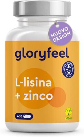 Gloryfeel Lisina Pura Integratore 400 Capsule (+6 Mesi di Scorta), 1.000 mg di L-lisina + Zinco 1,5 mg, Aminoacido Essenziale per il Sistema Immunitario, per la Pelle e i Capelli, 100% Vegan