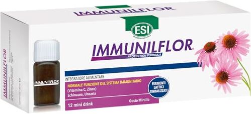 ESI Immunilflor, Integratore Alimentare a Base di Fermenti Lattici e Vitamina C, Favorisce le Difese Immunitarie Contro i Malanni Tipici della Stagione Invernale, Senza Glutine, 12 Mini Drink