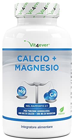 Vit4ever Calcio 800 mg + Magnesio 400 mg (2 compresse) 365 compresse Fornitura per 6 mesi Complesso calcio + magnesio in rapporto 2:1 Vegan Altamente dosato