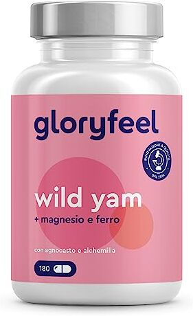 Gloryfeel Wild Yam (312 mg) con Ferro, Magnesio, Agnocasto e Alchemilla, Integratore Igname Selvatico per Contrastare i Disturbi PMS e Menopausa, 180 Capsule, 100% Vegan, Senza Additivi