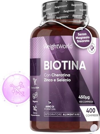 WeightWorld Biotina Cheratina e Zinco, 400 Compresse Vegane (13 Mesi) con Zinco & Selenio ad Alto Dosaggio, Biotina per Capelli e Pelle Senza Magnesio Stearato né OGM, Biotina Zinco Selenio Cheratina Integratore