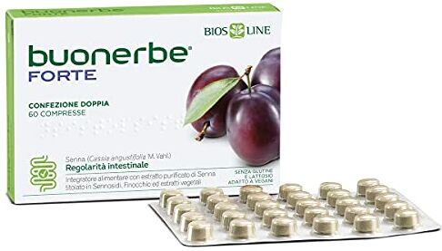 Bios Line Buonerbe Forte 60 Compresse, Integratore alimentare con estratto purificato di Senna, Favorisce la regolarità intestinale e risveglia l'intestino pigro, Senza glutine e adatto a vegani