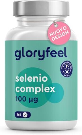 Gloryfeel Integratore Selenio 365 Compresse Vegan (Scorta 1+Anno) 100µg Alto Dosaggio, Supporto Tiroide & Difese Immunitarie, Complesso di Selenito di Sodio e L-Selenmetionina, Testato in Laboratorio