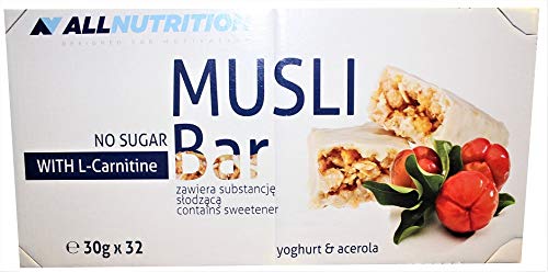 ALLNUTRITION Barretta Al Muesli Con L-Carnitina Fonte Di Fibre Nutrienti Vitamina D Ferro Acido Folico Senza Zuccheri Aggiunti Potenziamento Energetico Ripieno Sano 30g Yogurt Monodose E Acerola